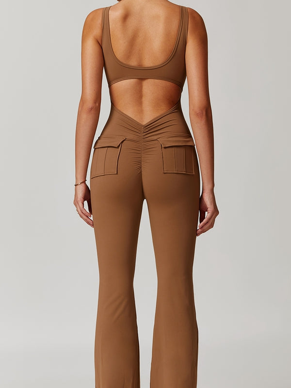 BUYCO Female Fitted Cutout Pocket Flare Fit Cargo Jumpsuit