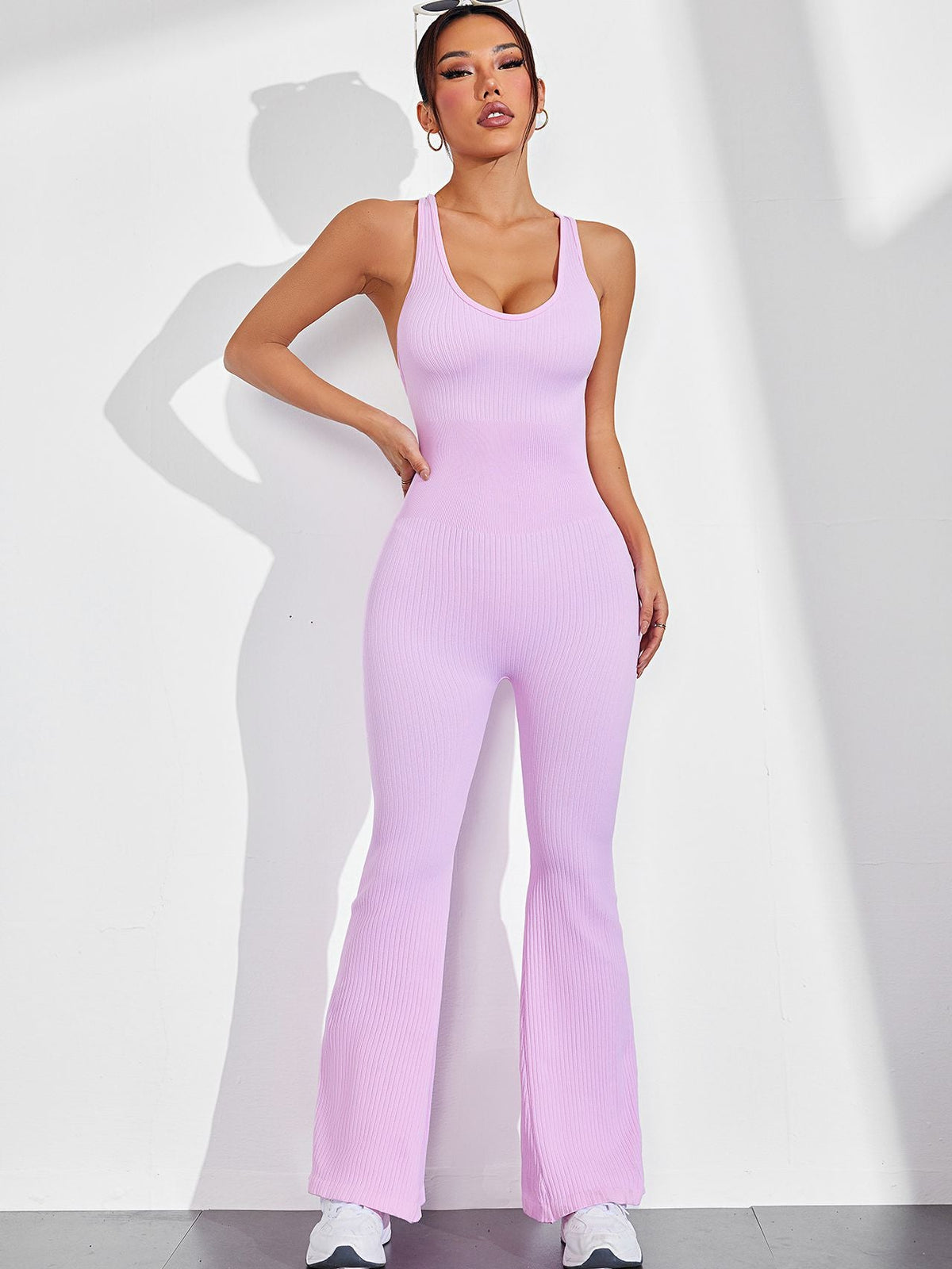 BUYCO Female Cross Back Ruched Back Flare Ribbed Jumpsuit