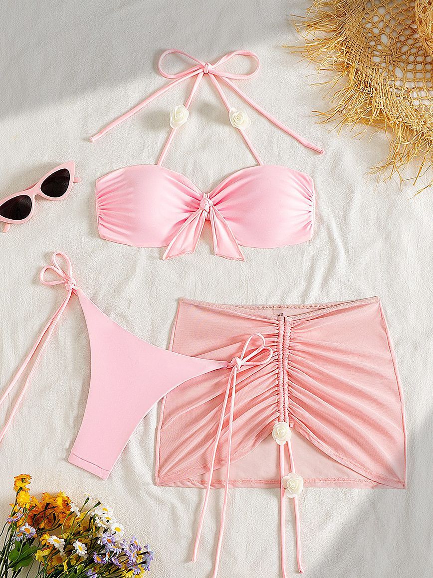 BUYCO Female Fitted Solid Color Bow-knot 3-Pieces Lace-up Bikini Set