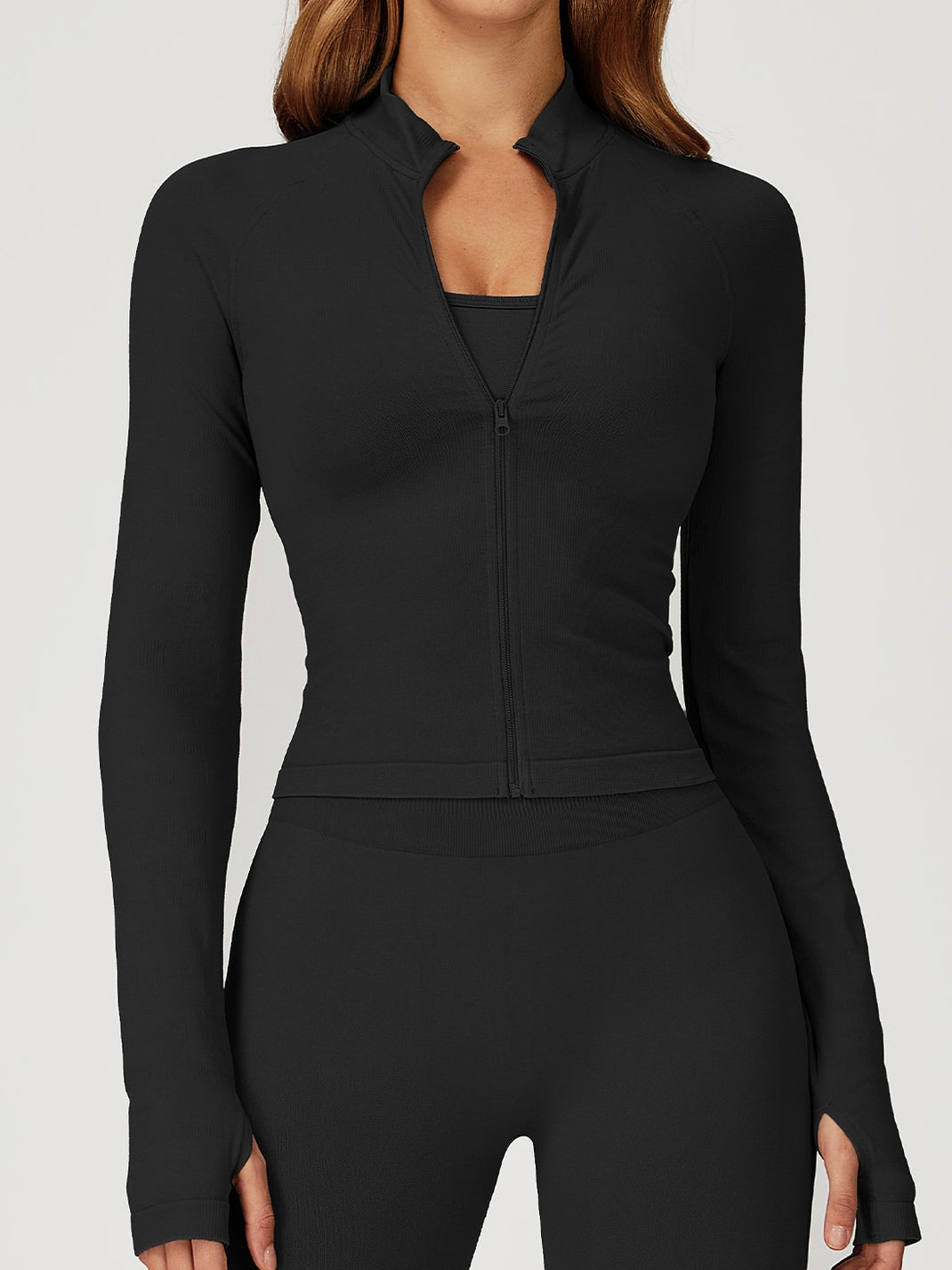 BUYCO Female Solid Color Stand Up Collar Zipper Thumbholes Jacket