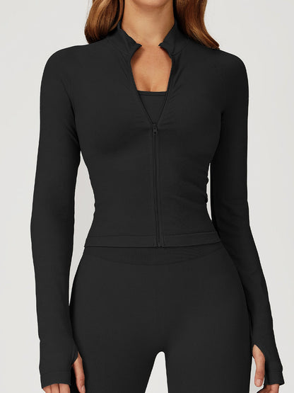 BUYCO Female Solid Color Stand Up Collar Zipper Thumbholes Jacket