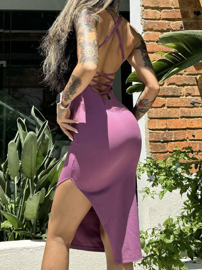 BUYCO Female Solid Color Cross Back Hollow Out Split Dress