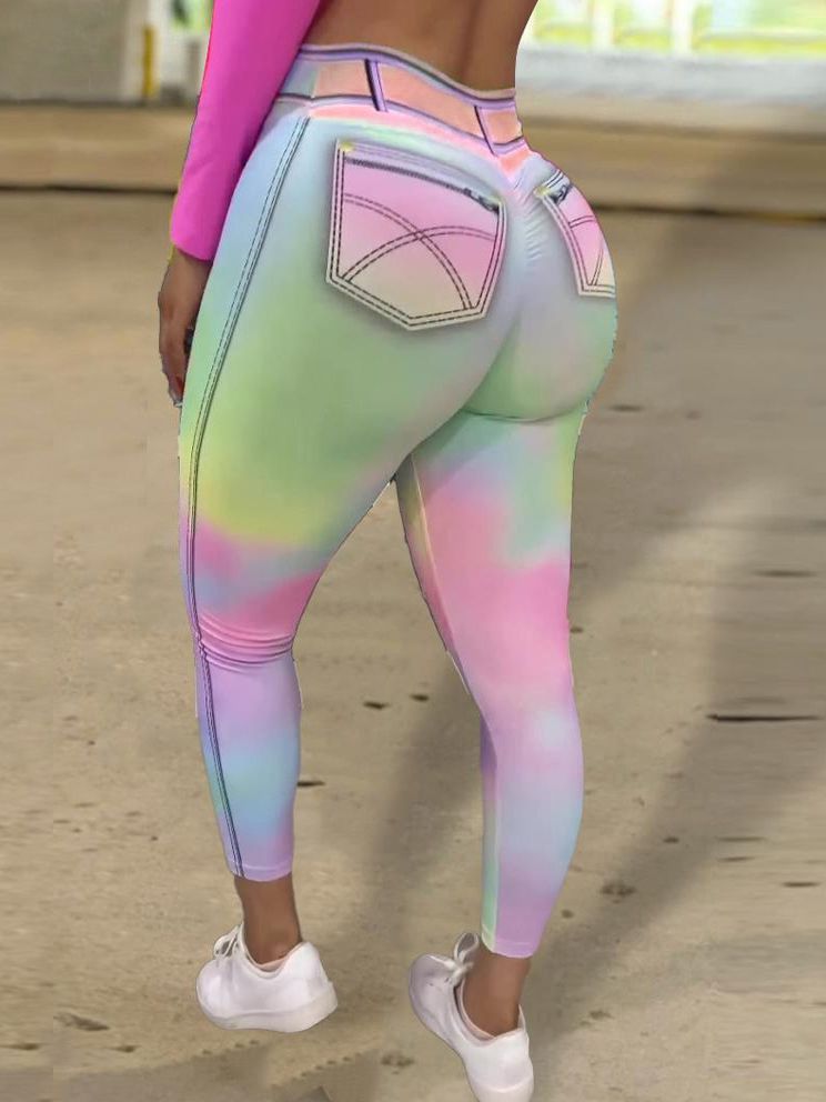 BUYCO Female Modern Tie Dye Faux Denim Ruched Back Contrast Color Leggings