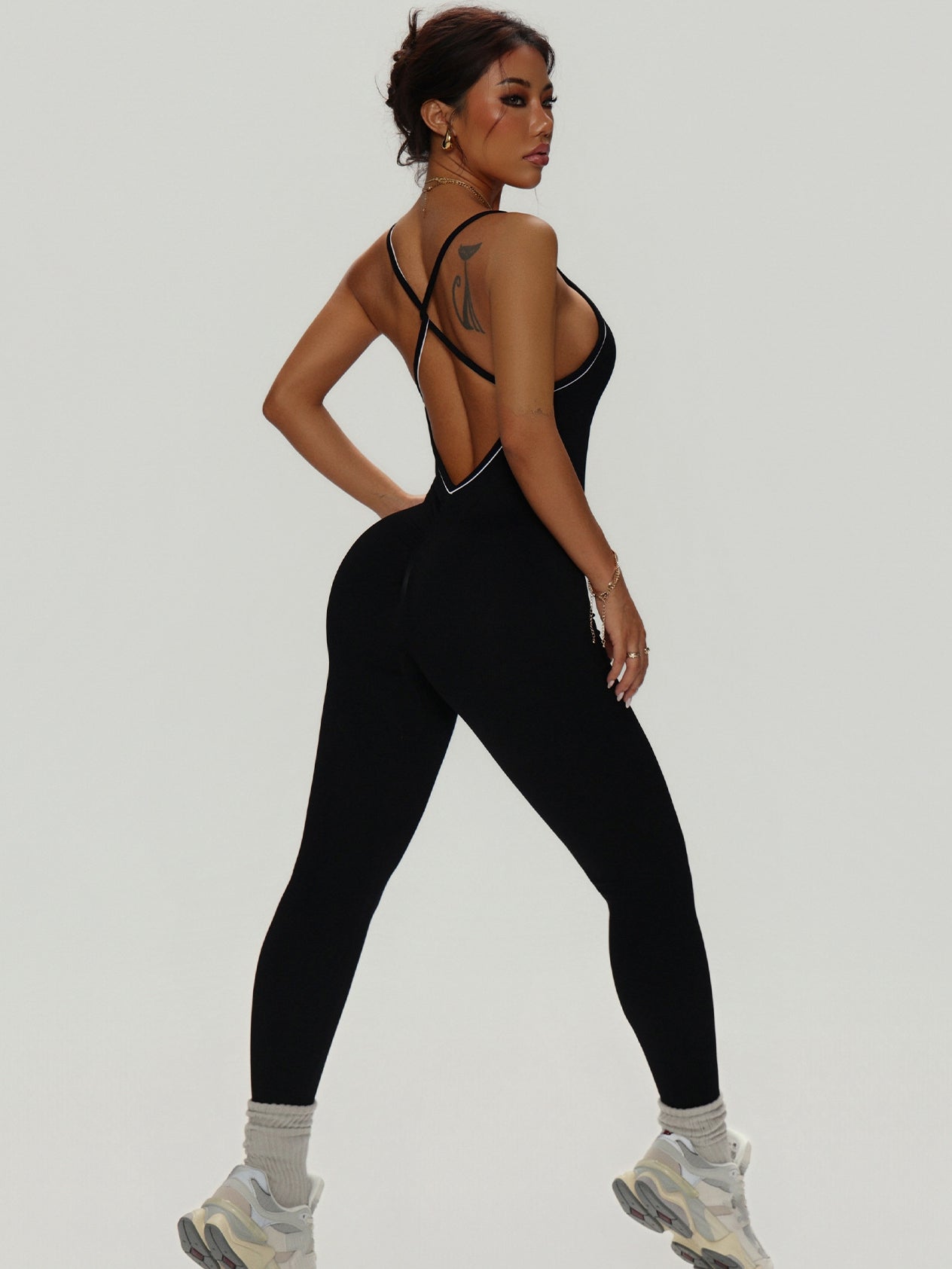 BUYCO Female Fitted Cross Back Contrast Color Elastic Tight Quick Dry Jumpsuit