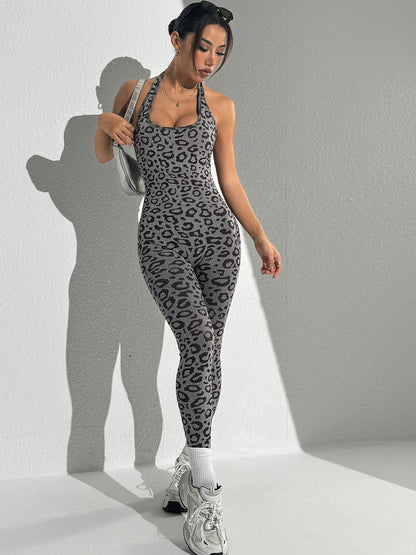 BUYCO Female Fitted Fashion Leopard Print Hollow Out Backless Jumpsuit