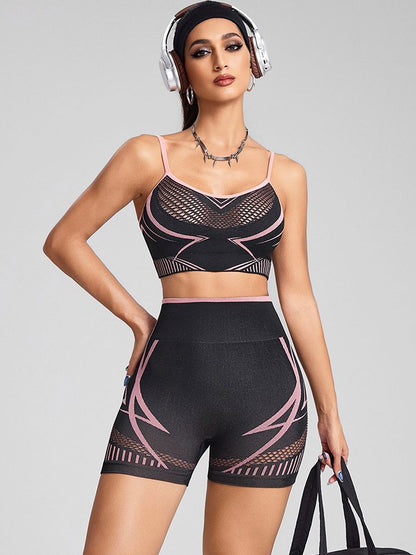 BUYCO Female Fishnet Cross Back Stripes Contrast Color Short Tracksuit