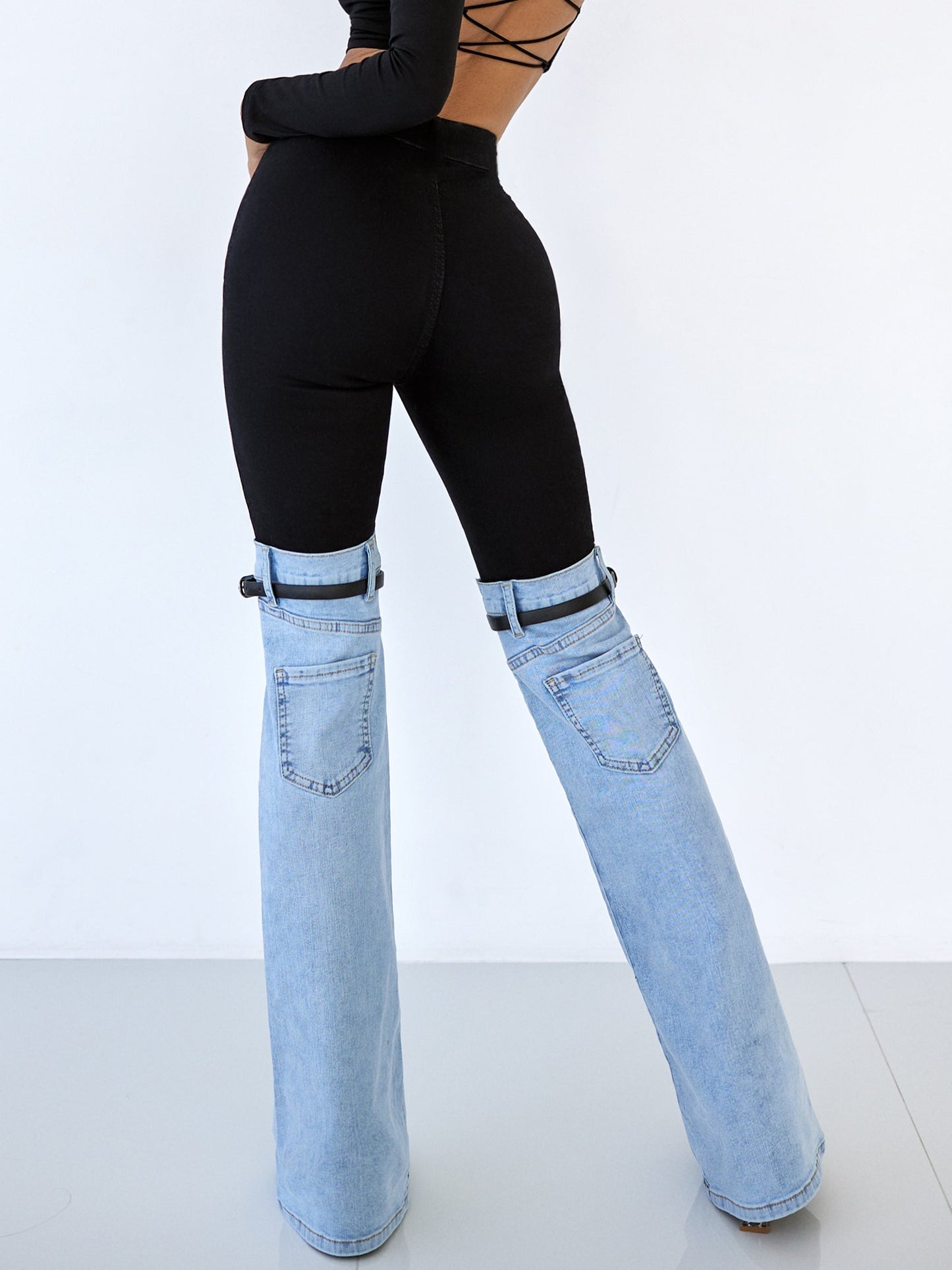 BUYCO Female Contrast Color Denim Flare Fashion Pants