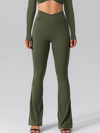 BUYCO Female V-shape Waist Pocket Solid Color Split High-waisted Flare Pants