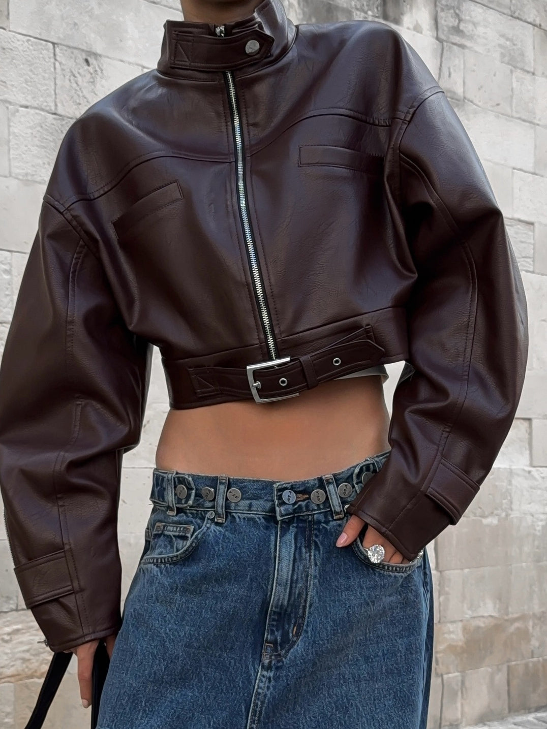 BUYCO Female Zipper PU Trench Collar Buttons Jackets