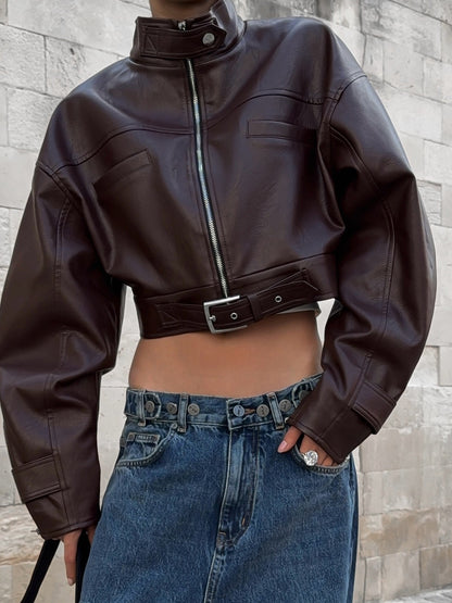 BUYCO Female Zipper PU Trench Collar Buttons Jackets