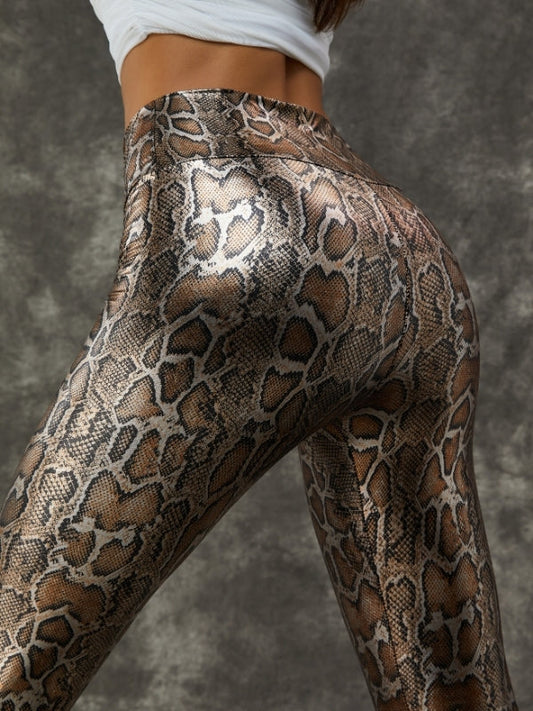 BUYCO Female Super Stretchy Faux Leather Black Snake Print Leggings