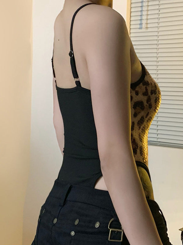 BUYCO Female Sleeveless Leopard Print Adjustable Straps Short Bodysuit