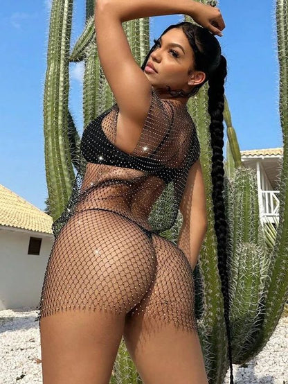 BUYCO Female Fitted Fishnet Crystal Set Beach Dress Without Bikini