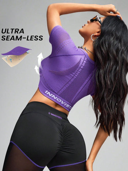 BUYCO Female Solid Color Fishnet Breathable Yoga Short Sleeves