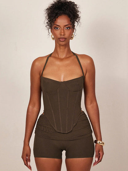 BUYCO Female Elastic Tight Halter Backless Short Tracksuit