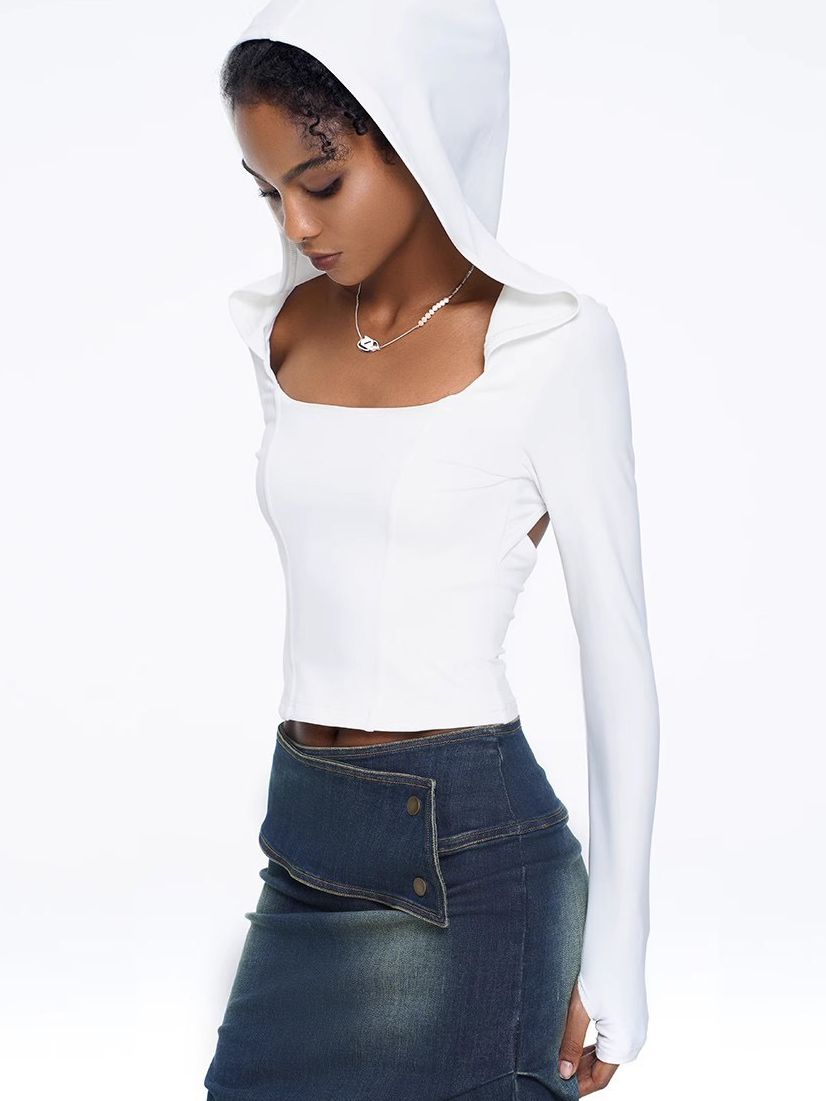 BUYCO Female Solid Color Hollow Out Hooded Elastic Tight Long Sleeves