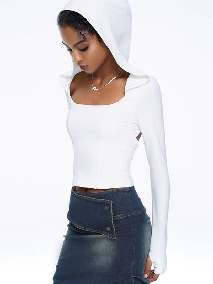 BUYCO Female Solid Color Hollow Out Hooded Elastic Tight Long Sleeves