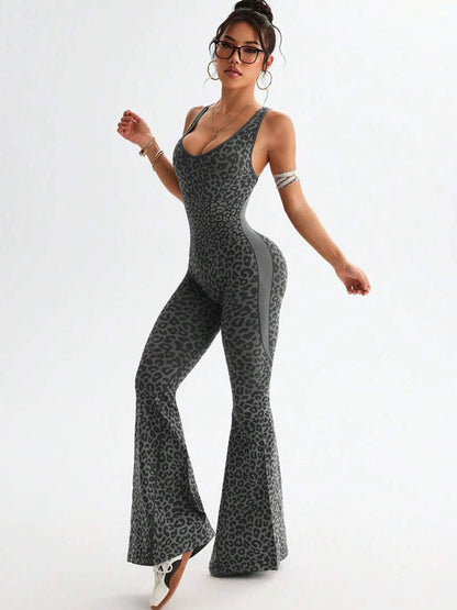 BUYCO Female Fitted Leopard Print Hollow Out Cross Back Deep V Back Jumpsuit