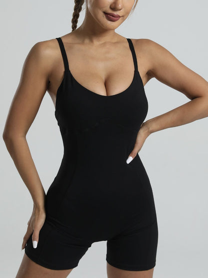 BUYCO Female Cross Back Adjustable Shoulder Straps Deep V Hollow Out Ruched Back Romper