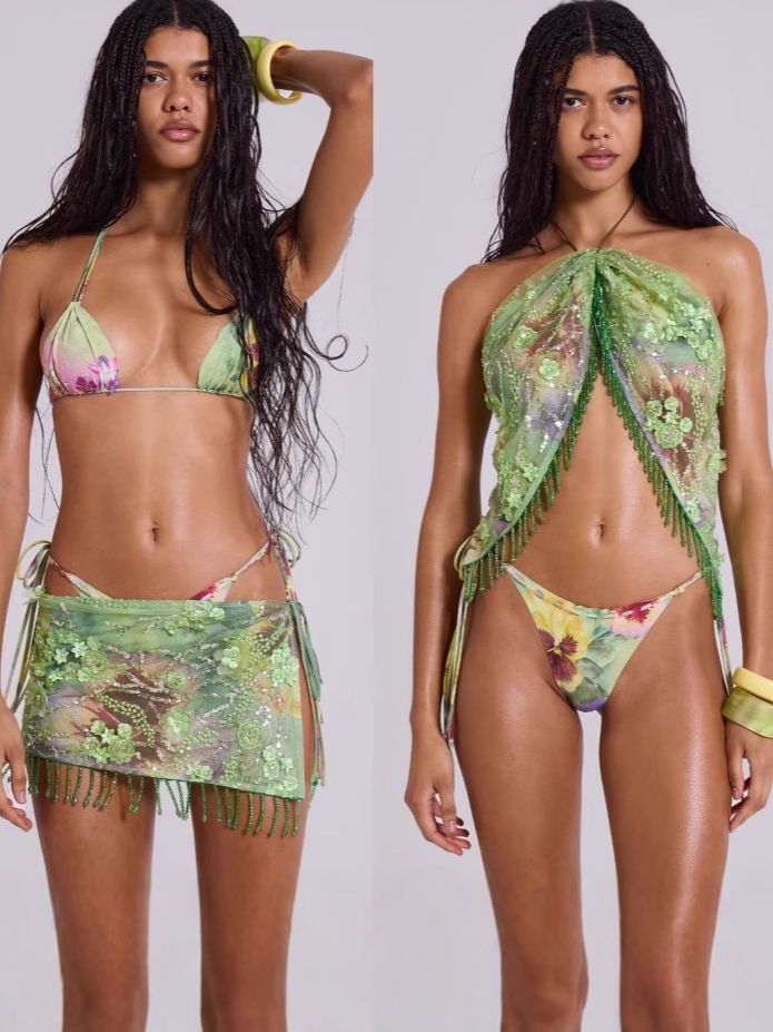 BUYCO Female Fitted Flower Sequin Tassel Mesh 3-Pieces Lace-up Bikini Set