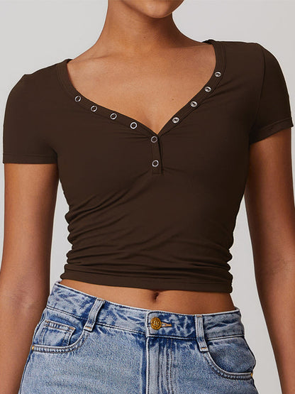 BUYCO Female V-neck Quick Dry Buttons Yoga Short Sleeves