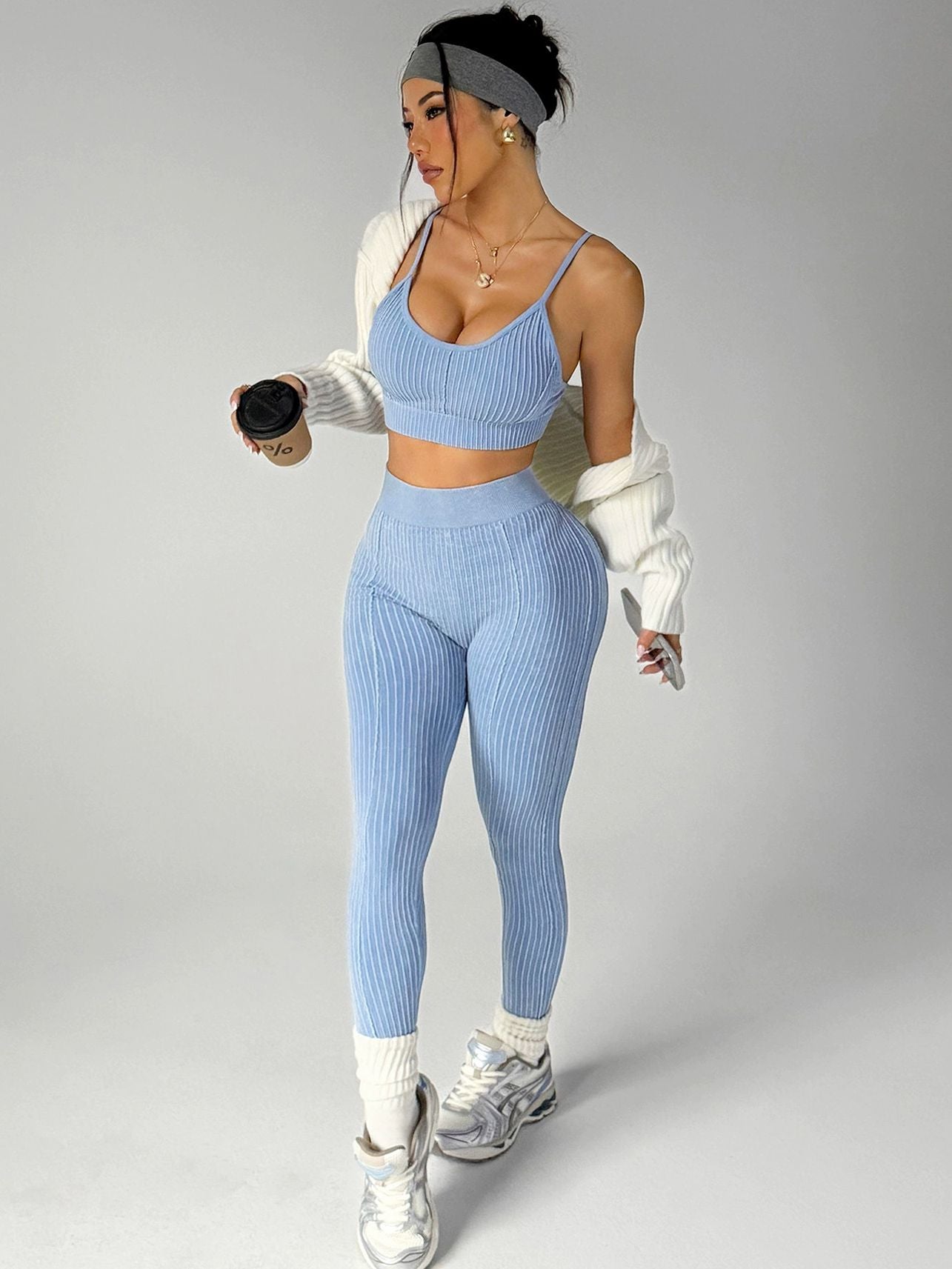 BUYCO Female V-shaped Waist Ribbed Push Up Design Ruched Back Hip-lift Tracksuit