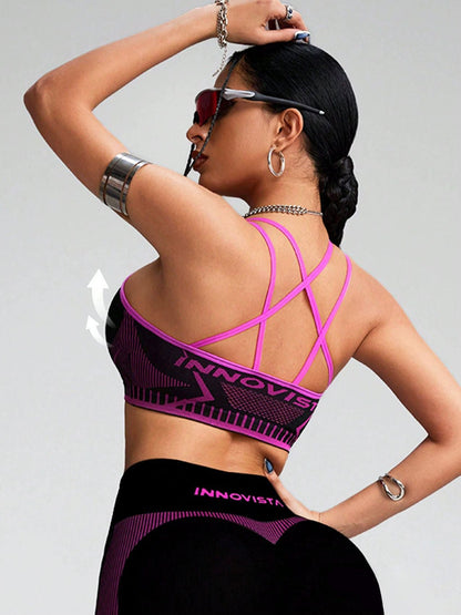 BUYCO Female Contrast Color Fishnet Cross Back Stripe Print Push Up Design Tracksuit