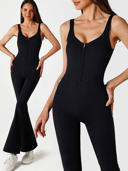 BUYCO Female Solid Color Zipper Flare Seamless Jumpsuit