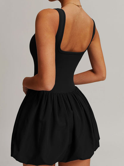 BUYCO Female Solid color U Collar Backless 2 in 1 Pleated Tennis Dress