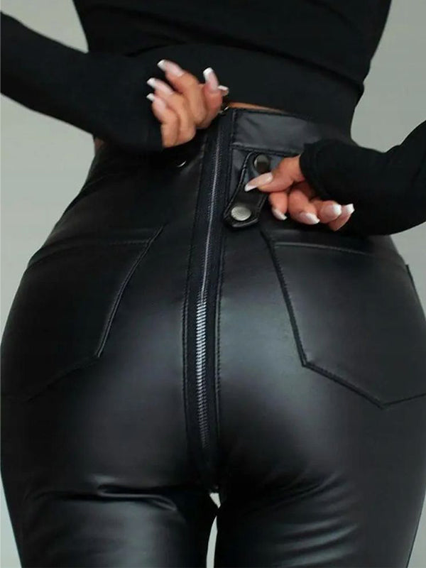 BUYCO Female Faux Leather Zipper Buttons Pocket Leggings