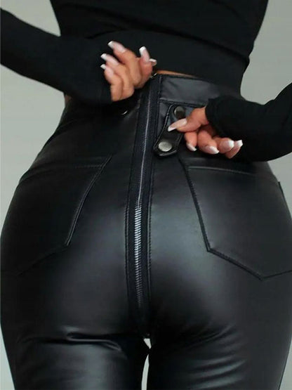 BUYCO Female Faux Leather Zipper Buttons Pocket Leggings