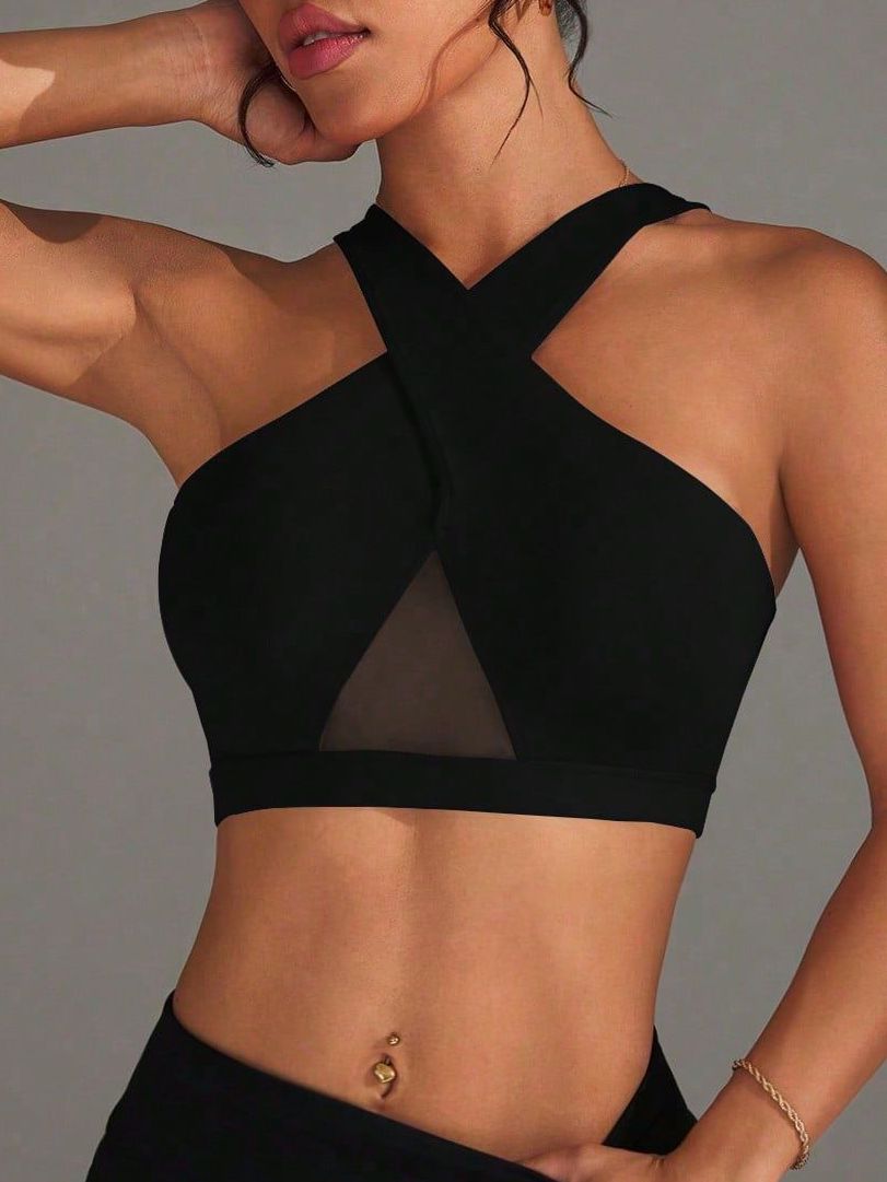 BUYCO Female Fitted Solid Color Sheer Mesh Cross Tank
