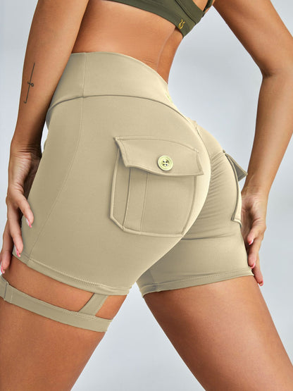 BUYCO Female Unique Cut Out Pocket Mesh Ruched Back Spandex Gym Fit Shorts