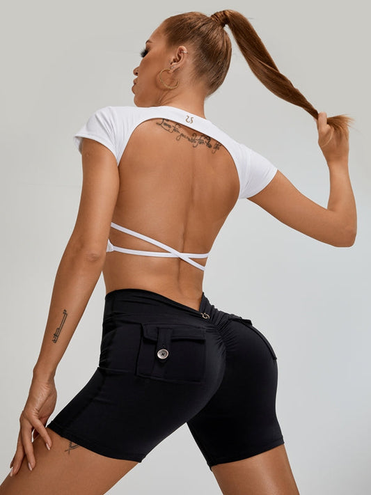 BUYCO Female Deep V Back Pocket Ruched Back Cross Back Backless Short Tracksuit