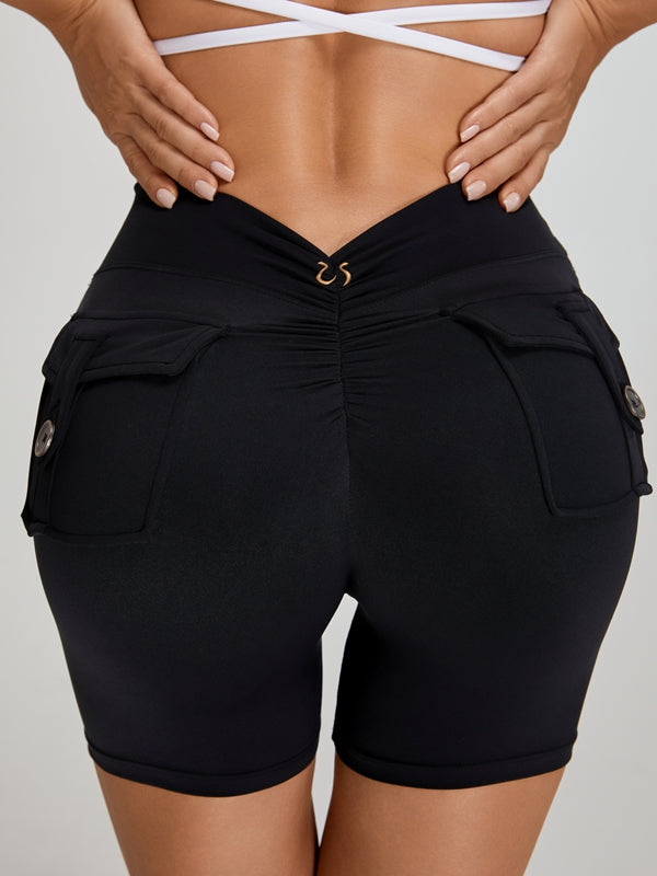 BUYCO Female Deep V Back Pocket Ruched Back Cross Back Backless Short Tracksuit