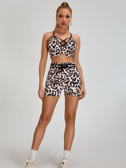 BUYCO Female Leopard Print Cross Back Ruched Back Short Tracksuit