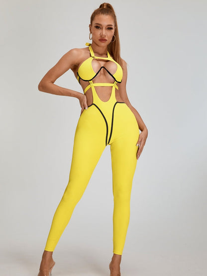 BUYCO Female Fitted Contrast Color Stripe Hollow Out Jumpsuit