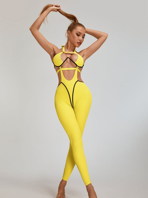BUYCO Female Fitted Contrast Color Stripe Hollow Out Jumpsuit