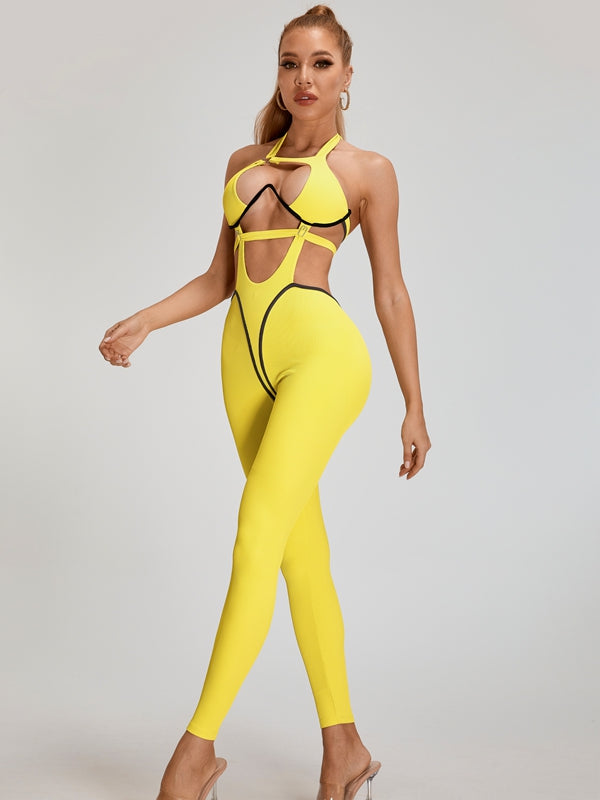BUYCO Female Fitted Contrast Color Stripe Hollow Out Jumpsuit