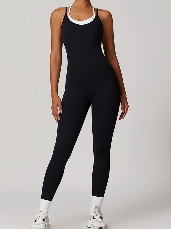 BUYCO Female Contrast Color U Collar Cross Back Jumpsuits