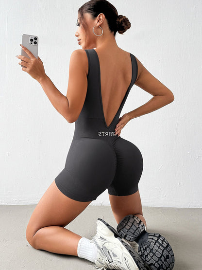 BUYCO Female Fitted Deep V-shaped Waist Backless Hip-lift Elastic Tight Ruched Back Romper