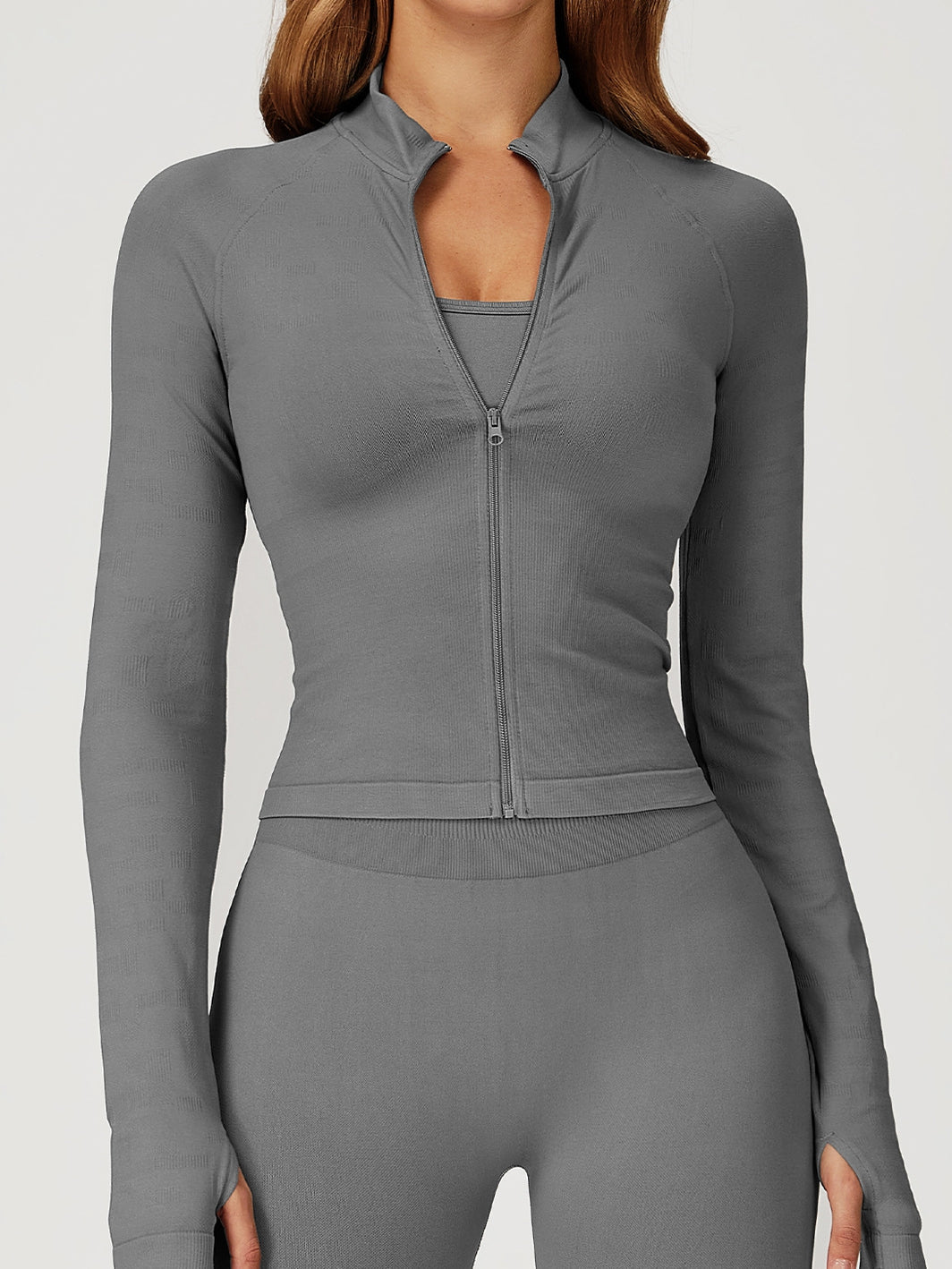BUYCO Female Solid Color Stand Up Collar Zipper Thumbholes Jacket