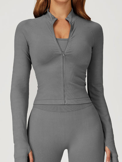 BUYCO Female Solid Color Stand Up Collar Zipper Thumbholes Jacket