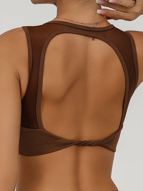 BUYCO Female Solid Color Hollow Out Mesh Splicing Twist Sports Bras