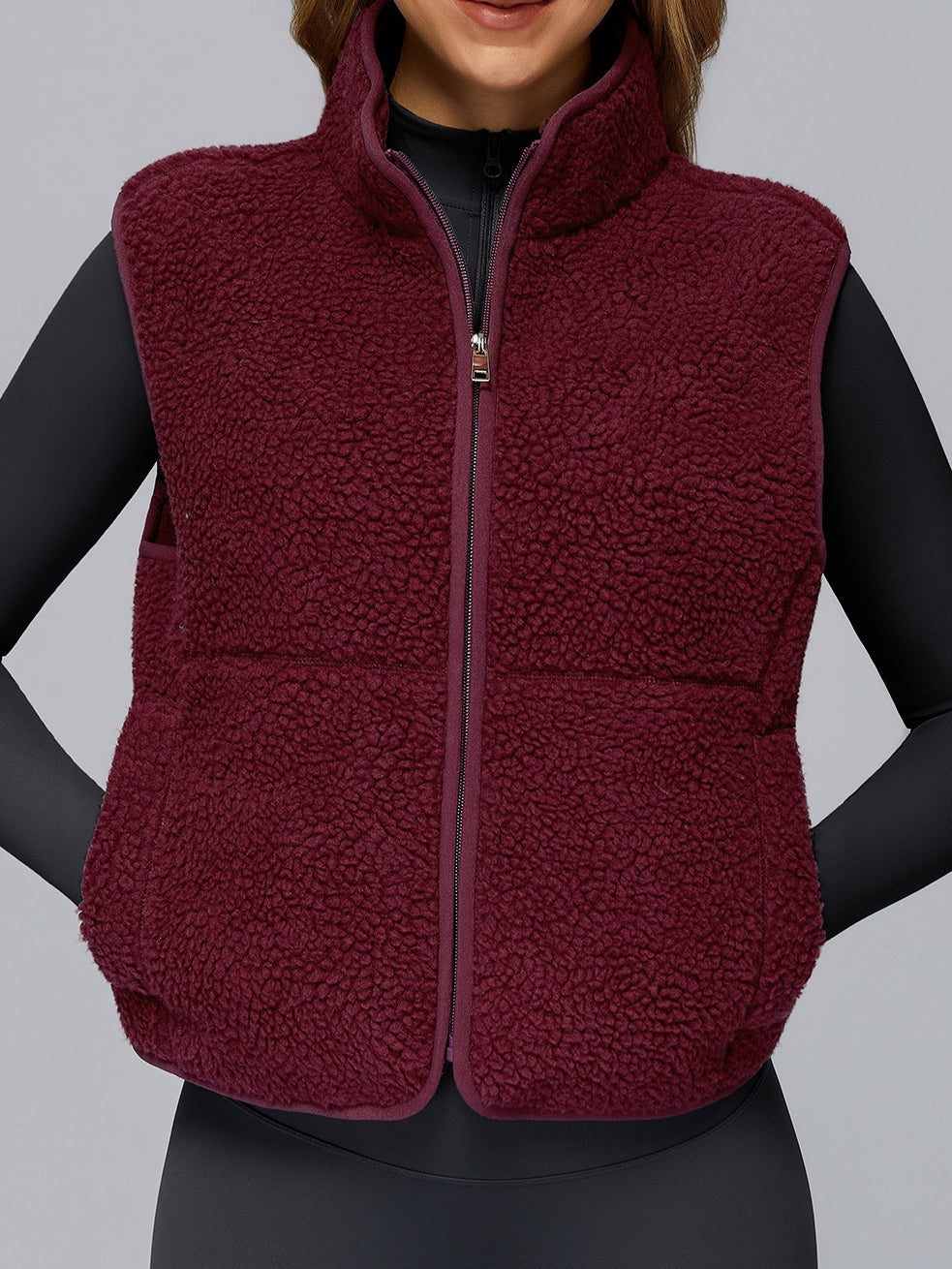 BUYCO Female Fleece Zipper Pocket Stand Up Collar Vest Jacket