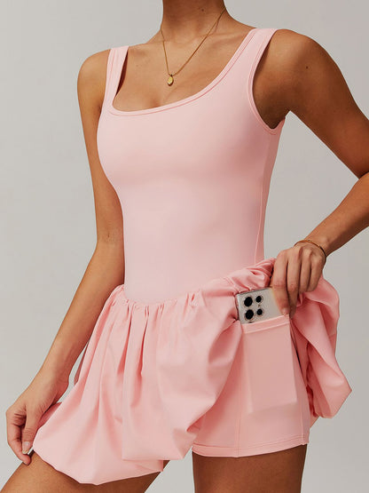 BUYCO Female Solid color U Collar Backless 2 in 1 Pleated Tennis Dress
