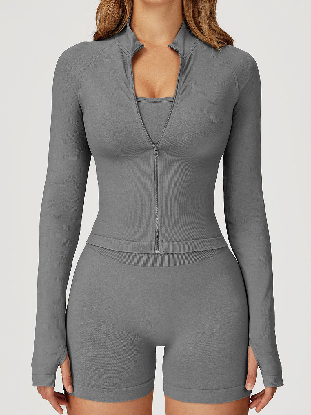 BUYCO Female Solid Color Stand Up Collar Zipper Thumbholes Jacket