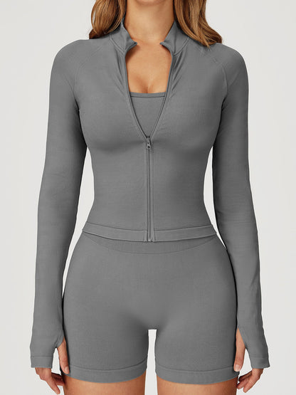 BUYCO Female Solid Color Stand Up Collar Zipper Thumbholes Jacket