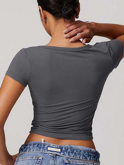 BUYCO Female V-neck Quick Dry Buttons Yoga Short Sleeves