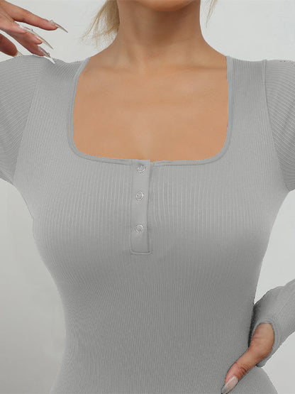 BUYCO Female Ribbed U Collar Quick Dry Thumbhole Jumpsuit